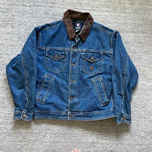 Chaps Ralph Lauren Mens Blue Denim Jacket Leather Collar Flannel Lined Work M